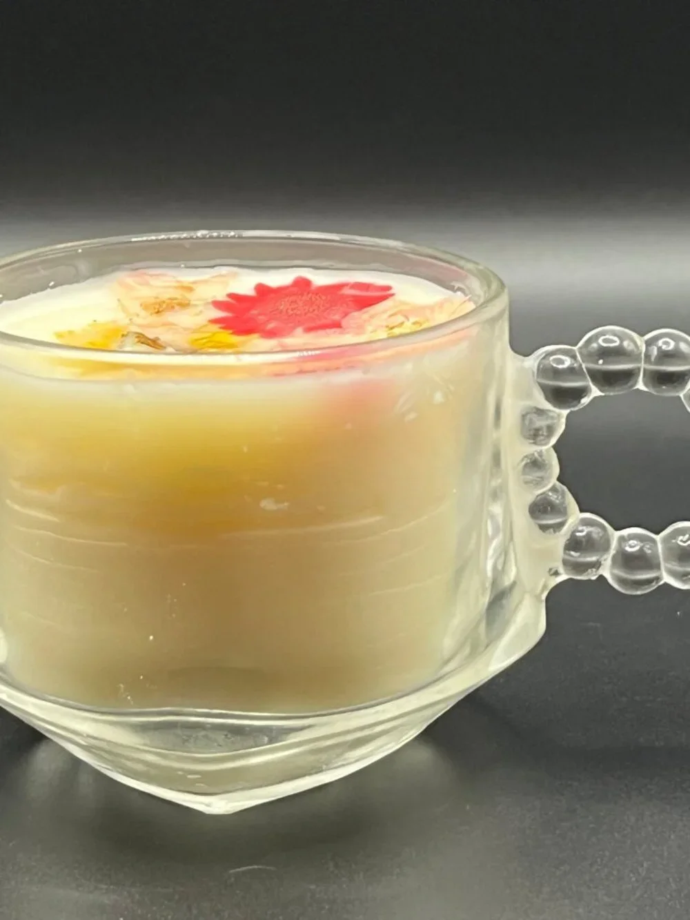 Wickless Pink & Yellow Floral Soy Candle in Clear Glass Mug with Beaded Handle